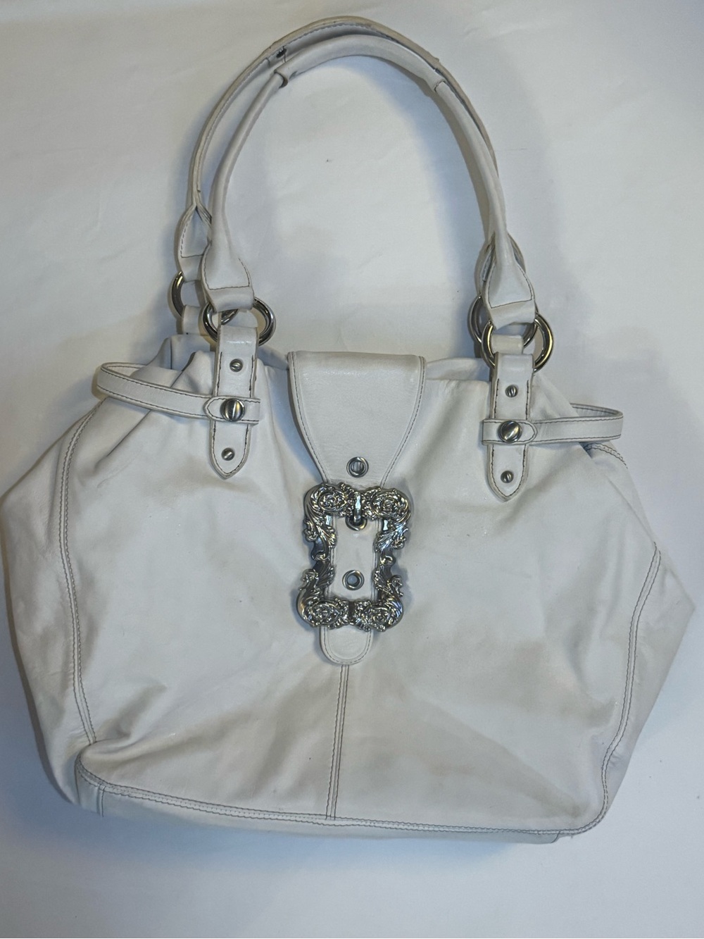 Vintage Y2K White Women's Leather Tote Bag with Decorative Buckle